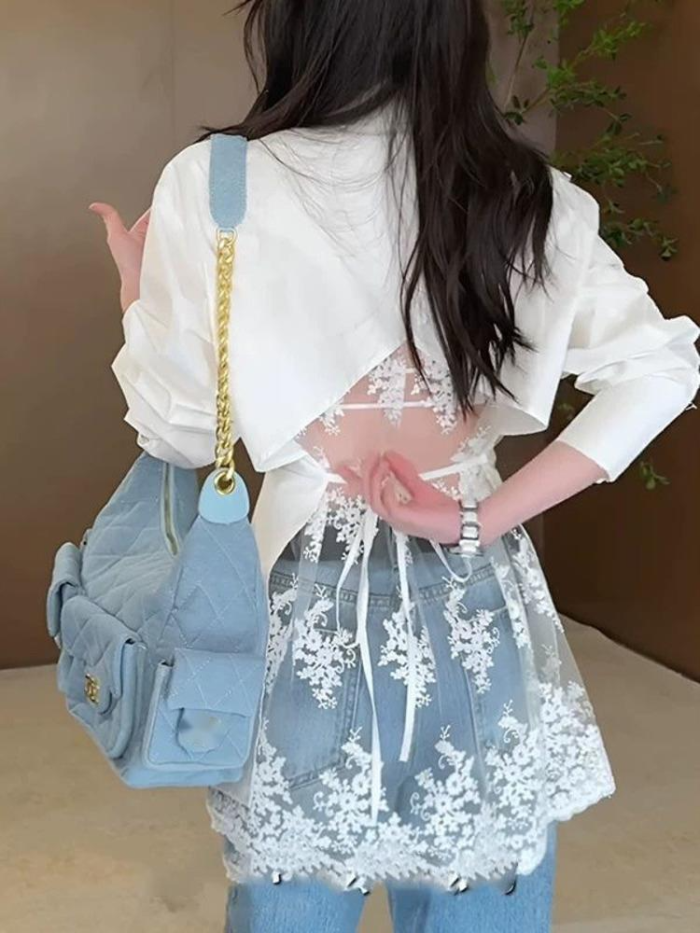 DEAT fashion Design sense back gauze lace belt spliced v neck solid color single breasted long sleeve slim women's shirt 2025 summer new tide DLZ1135