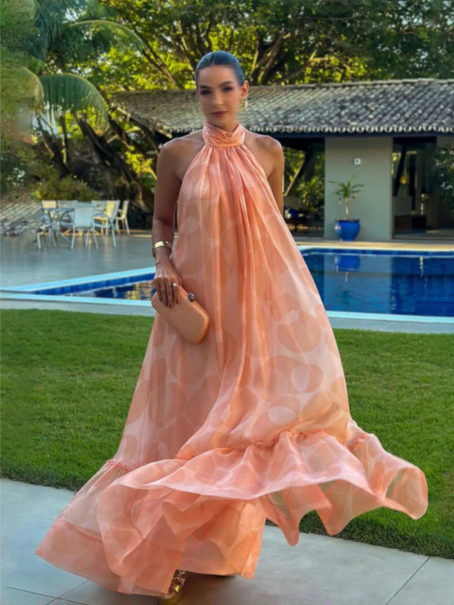 DEAT Elegant Dress Hollow Out Blackless Sleeveless Halter Neck Print Flounce Spliced Women's Dresses 2025 Summer Fashion DLZ1136