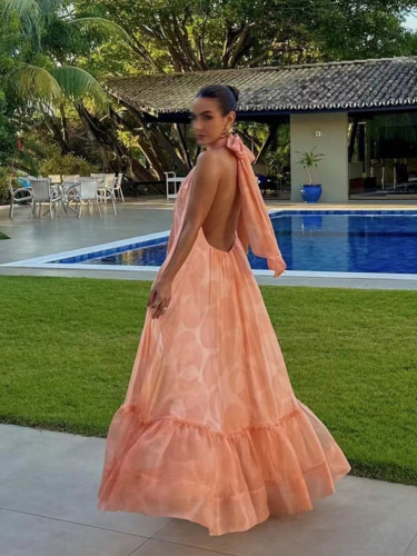DEAT Elegant Dress Hollow Out Blackless Sleeveless Halter Neck Print Flounce Spliced Women's Dresses 2025 Summer Fashion DLZ1136