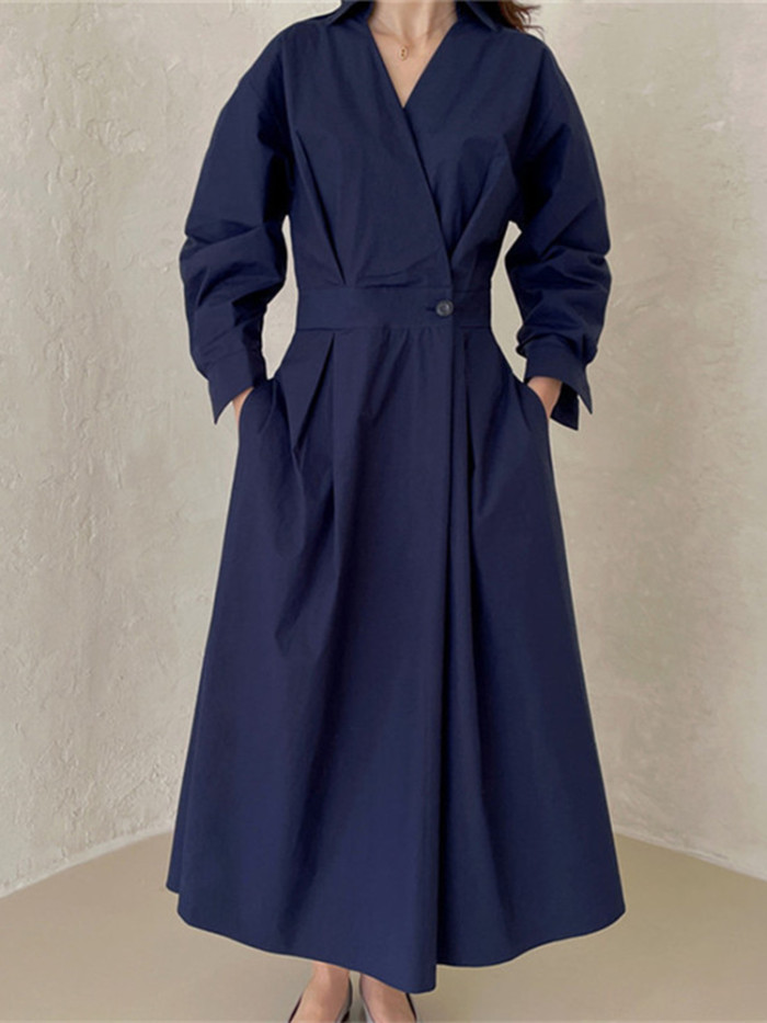 DEAT Woman Shirt Dress Beige Slim Waist One Button Stand Collar Long Sleeve Loose Casual Style 2024 New Autumn Fashion 15XM483