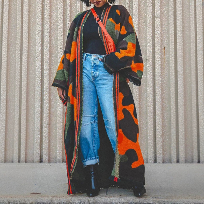 causal Scarf contrast color Rainbow stripes zipper spliced loose warm long sleeve over coat 2025 spring new fashion DLZ1137