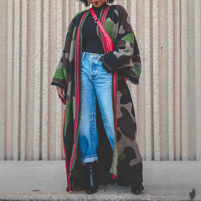 causal Scarf contrast color Rainbow stripes zipper spliced loose warm long sleeve over coat 2025 spring new fashion DLZ1137