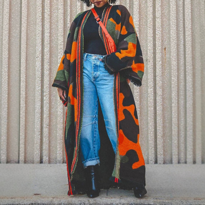 causal Scarf contrast color Rainbow stripes zipper spliced loose warm long sleeve over coat 2025 spring new fashion DLZ1137