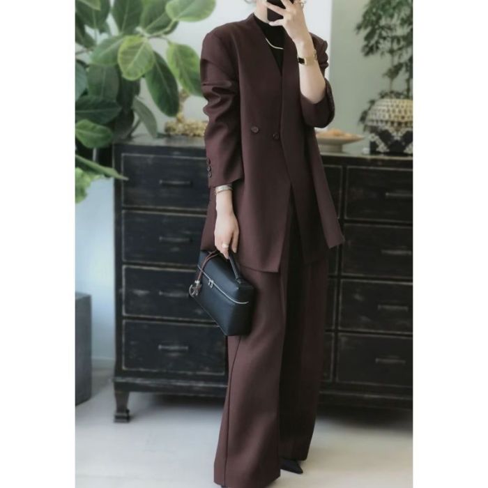 DEAT office Lady 2 pcs set solid color single button long sleeve v neck coat loose wide leg pants women's suit 2025 spring summer fashion DLZ1138