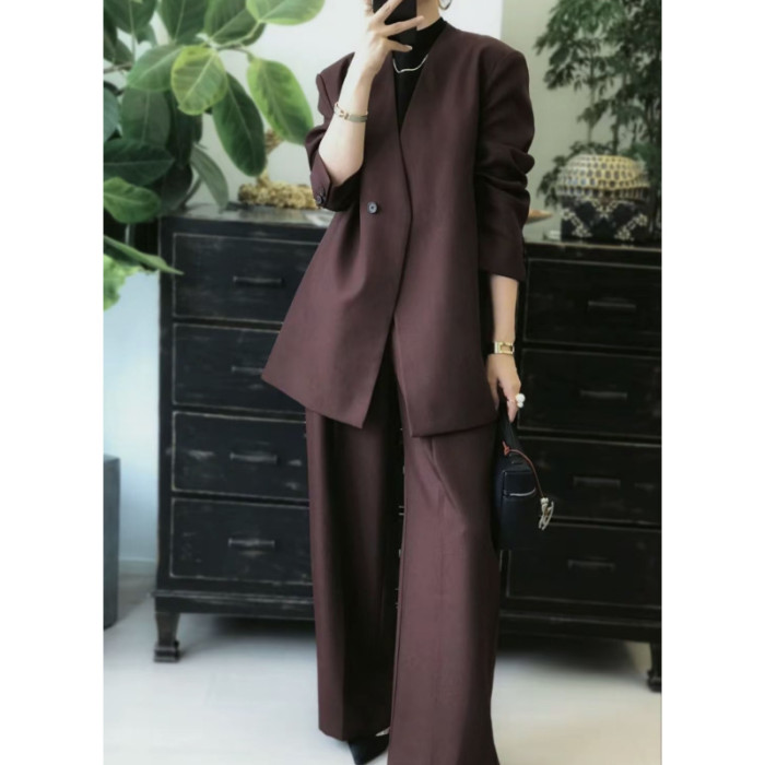 DEAT office Lady 2 pcs set solid color single button long sleeve v neck coat loose wide leg pants women's suit 2025 spring summer fashion DLZ1138