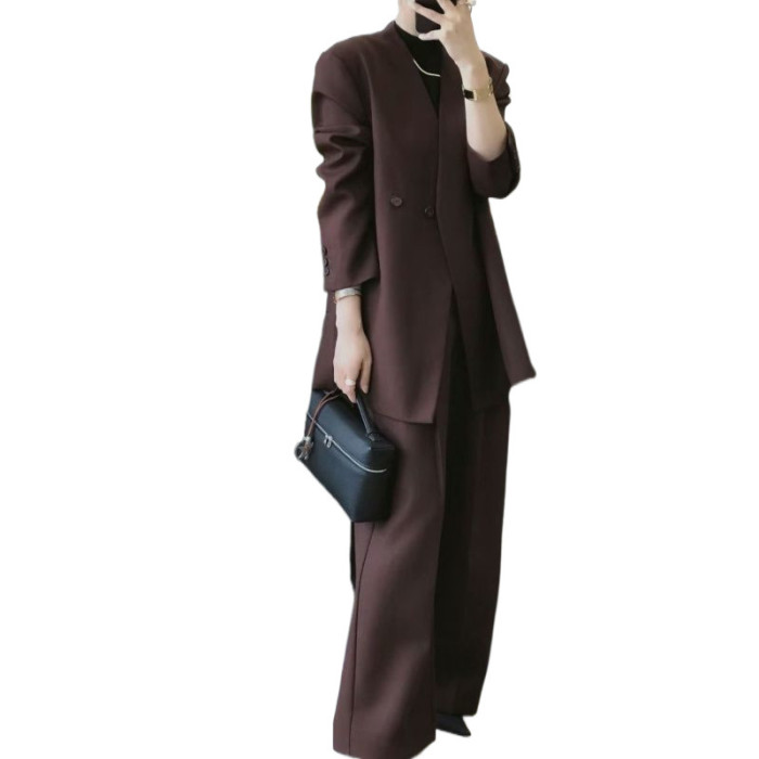 DEAT office Lady 2 pcs set solid color single button long sleeve v neck coat loose wide leg pants women's suit 2025 spring summer fashion DLZ1138