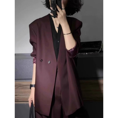 DEAT office Lady 2 pcs set solid color single button long sleeve v neck coat loose wide leg pants women's suit 2025 spring summer fashion DLZ1138