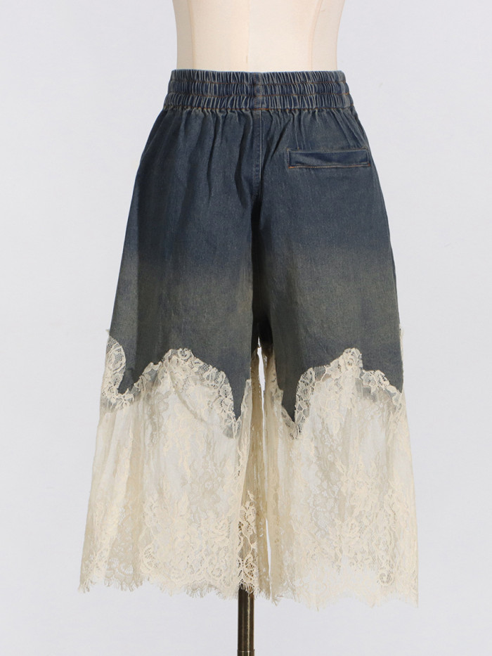 EAM  Hit Color Spliced Lace Two Piece Set For Women V Neck Sleevelss Tops High Waist Loose Shorts Chic Denim Sets Female DLZ5205
