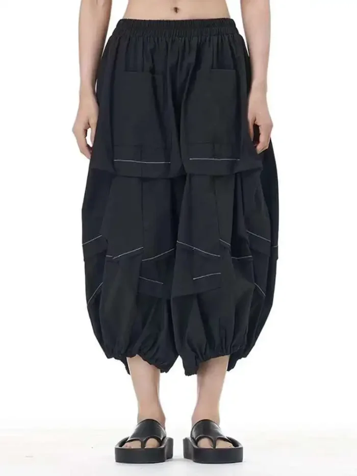 [EAM] High Elastic Waist Khaki Topstitched Pleated Wide Leg Pants New Trousers Women Fashion Tide Spring Autumn 2025 1DH9548
