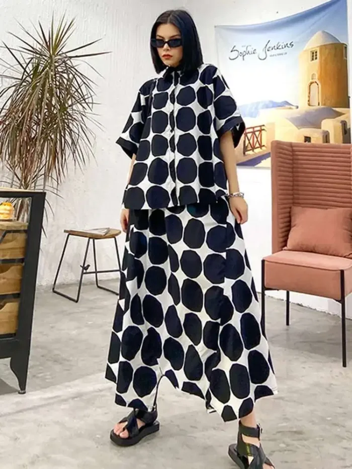 EAM Big Size Dot Shirt Wide Leg Pants Two Piece Suit New Stand Collar Short Sleeve Women Fhion Spring Summer 2025 DLZ5143