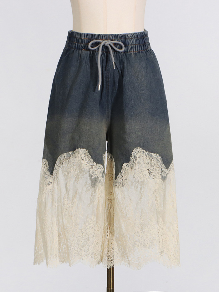 EAM  Hit Color Spliced Lace Two Piece Set For Women V Neck Sleevelss Tops High Waist Loose Shorts Chic Denim Sets Female DLZ5205