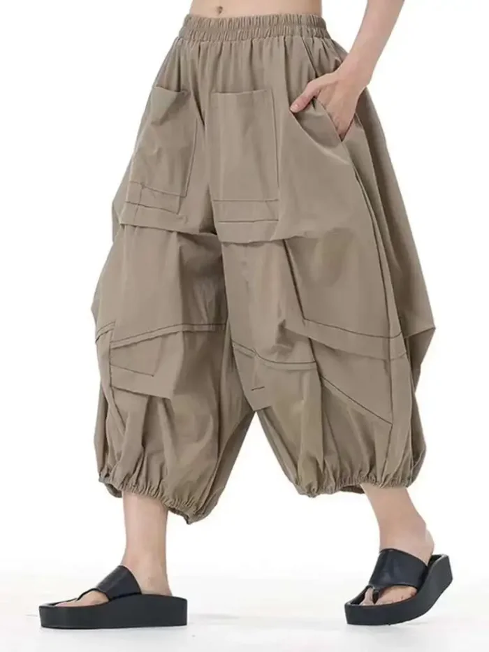 [EAM] High Elastic Waist Khaki Topstitched Pleated Wide Leg Pants New Trousers Women Fashion Tide Spring Autumn 2025 1DH9548
