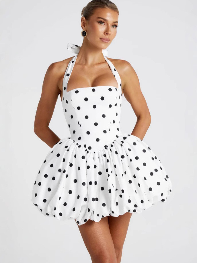 European and American style new temperament halter neck backless dress 2025 summer sexy polka dot A-line tutu skirt DLZ517