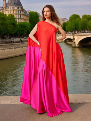 Contrast Color Long Dress For Women Fashion Diagonal Collar Loose Dresses DLZ52603