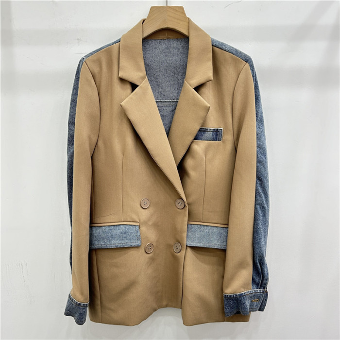 versatile long-sleeved and personalized denim jacket with a color-blocking and patchwork design DLZ52804
