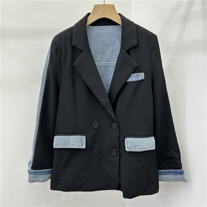 versatile long-sleeved and personalized denim jacket with a color-blocking and patchwork design DLZ52804