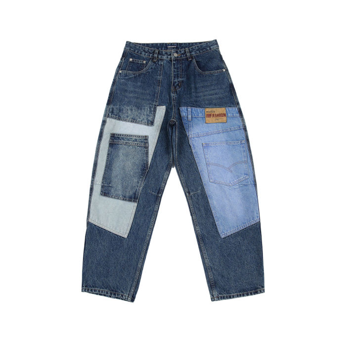 Vintage Patchwork Baggy Jeans Men Streetwear Hip Hop Loose Denim Pants DLZ53005