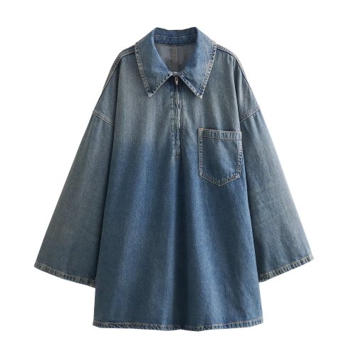Women Blue Gradual Color Denim Casual Mini Shirt Dress New Lapel Long Sleeve Fashion Tide Spring Autumn DLZ60105