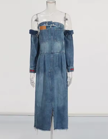 Fashionable Street Style Denim Tube Dress Women's Sleeveless Empire Waist Design Spring New Arrival Knee-Length Gown DLZ61205