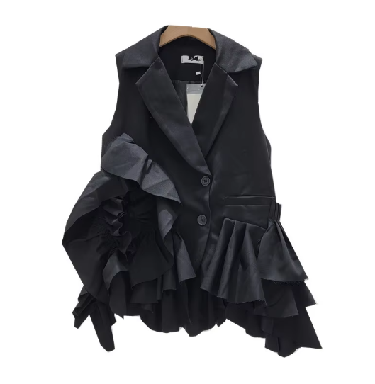 Women Loose Fit Black Irregular Ruffles Casual Vest New Lapel Sleeveless Fashion Tide Spring Autumn DLZ532201M