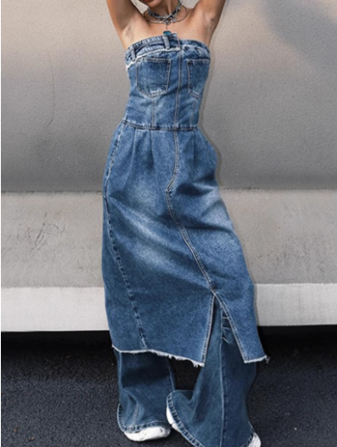 Fashionable Street Style Denim Tube Dress Women's Sleeveless Empire Waist Design Spring New Arrival Knee-Length Gown DLZ61205