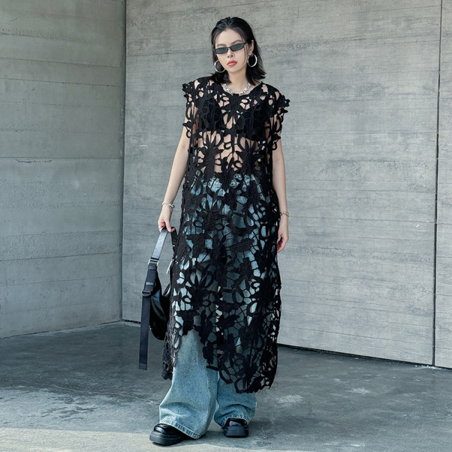 Women Black Lace Hollow Out Perspective Big Size Dress New Round Neck Sleeveless Fashion Tide Spring Summer DLZ625
