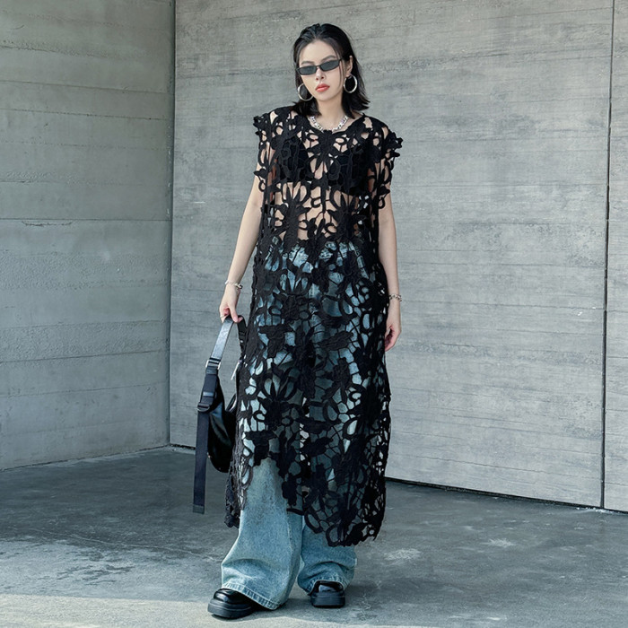 Women Black Lace Hollow Out Perspective Big Size Dress New Round Neck Sleeveless Fashion Tide Spring Summer DLZ625