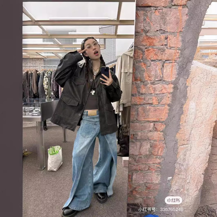 Fashion Women's Jeans Low Waist Front And Back Wearable Fake Two Pieces Banana Wide Leg Pants Spring DLZ062605