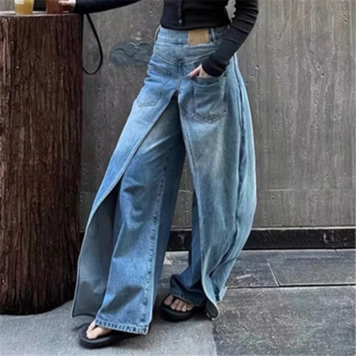 Fashion Women's Jeans Low Waist Front And Back Wearable Fake Two Pieces Banana Wide Leg Pants Spring DLZ062605
