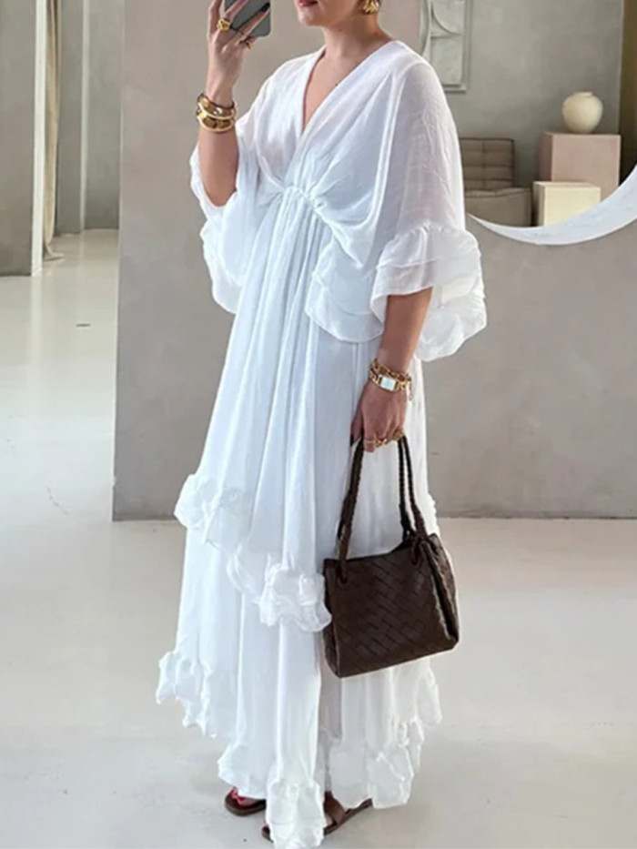 Elegant Ruffles Long Pleated Dress Women Loose Solid V-neck Half Sleeve Ruched Dresses  DLZ13501