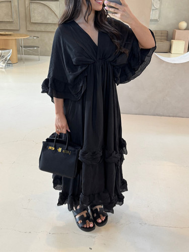 Elegant Ruffles Long Pleated Dress Women Loose Solid V-neck Half Sleeve Ruched Dresses  DLZ13501