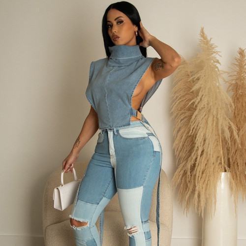 Women's Bandage Turtleneck Wash Design Denim Vest 2024 Autumn Sleeveless Waistcoat Female  DLZ07070