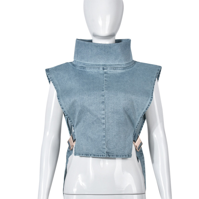 Women's Bandage Turtleneck Wash Design Denim Vest 2024 Autumn Sleeveless Waistcoat Female  DLZ07070
