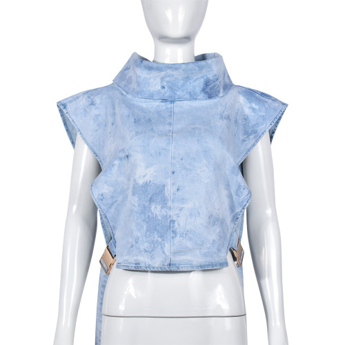 Women's Bandage Turtleneck Wash Design Denim Vest 2024 Autumn Sleeveless Waistcoat Female  DLZ07070
