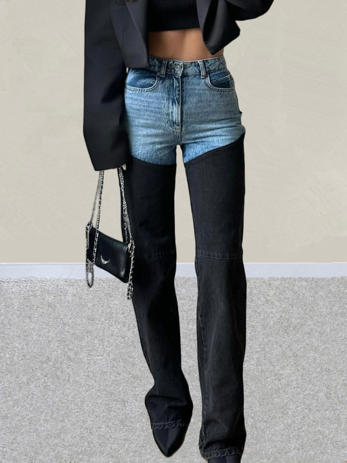 Blue-black contrast color spliced stretch-fitting women's denim mini pants casual long pants DLZ665905