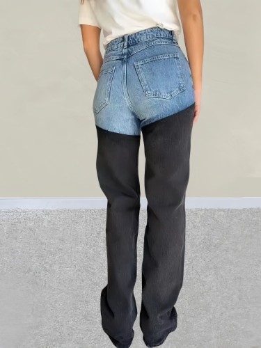 Blue-black contrast color spliced stretch-fitting women's denim mini pants casual long pants DLZ665905