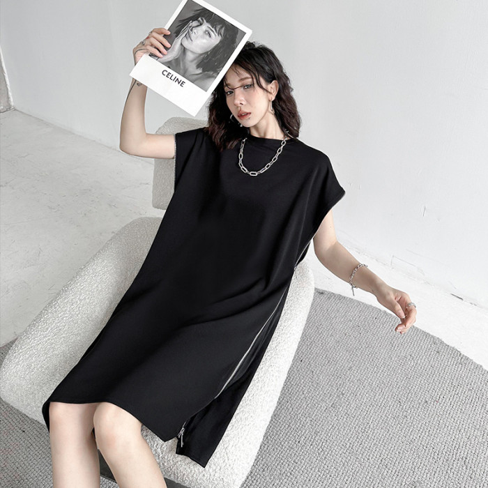 Women Black Zipper Big Size Casual Dress New Round Neck Short Sleeve Loose Fit Fashion Tide Spring Summer 