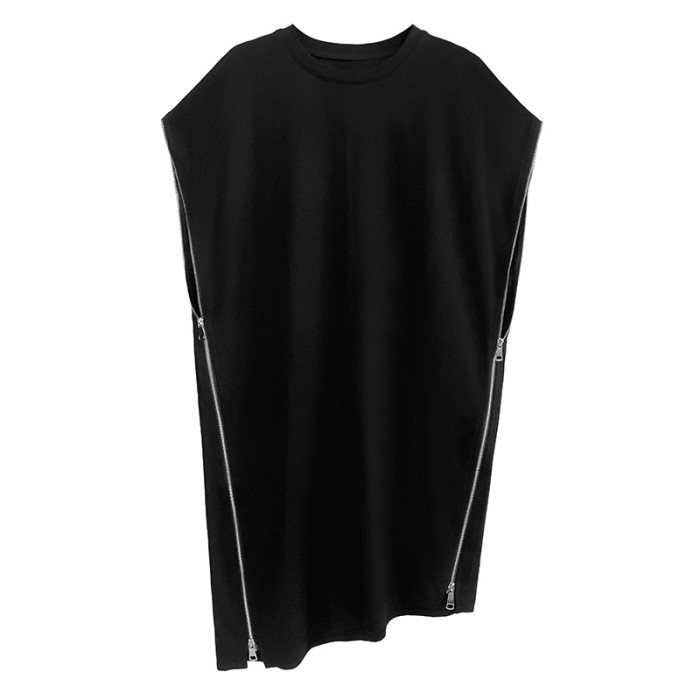 Women Black Zipper Big Size Casual Dress New Round Neck Short Sleeve Loose Fit Fashion Tide Spring Summer 