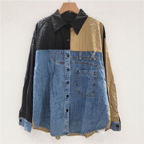 Women's Shirt Loose Patchwork Panelled Design Loose Single Breasted Denim Casual Blouse Summer DLZ45601