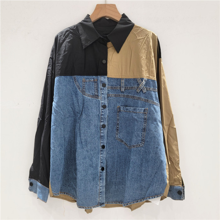 Women's Shirt Loose Patchwork Panelled Design Loose Single Breasted Denim Casual Blouse Summer DLZ45601