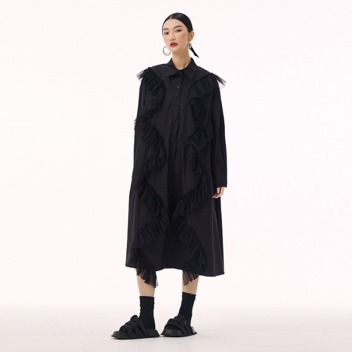 White Mesh Irregular Ruffles Big Size Midi Shirt Dress New Lapel Long Sleeve Fashion Tide Spring Autumn DLZ1300
