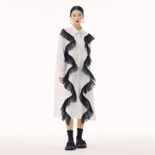 White Mesh Irregular Ruffles Big Size Midi Shirt Dress New Lapel Long Sleeve Fashion Tide Spring Autumn DLZ1300