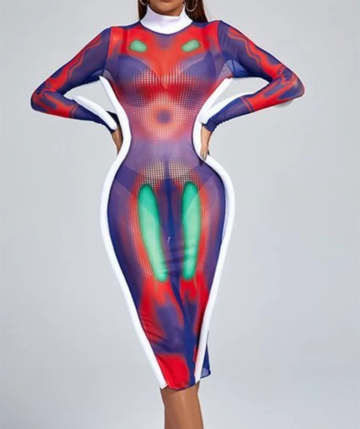 Printed sexy midriff-baring dress