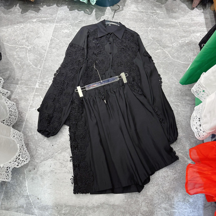 Summer Turn-down Collar Full Sleeves Lace Spliced Embroidery Single Breasted Shirt And Shorts Two Pieces Set 2pcs DLZ8801