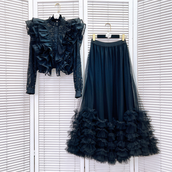 Spring New Women's 2 Piece Set Hollow Lotus Leaf Edge Embroidery Splicing Lace Short Top Fold Skirt Suit  DLZ1901