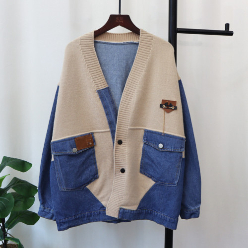 Denim Stitching Knitted Cardigan Fall/Winter Oversize Loose Casual Fashion V-Neck Pocket Design Street Retro Sweater Coat Women DLZ07290
