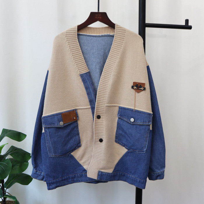 Denim Stitching Knitted Cardigan Fall/Winter Oversize Loose Casual Fashion V-Neck Pocket Design Street Retro Sweater Coat Women DLZ07290