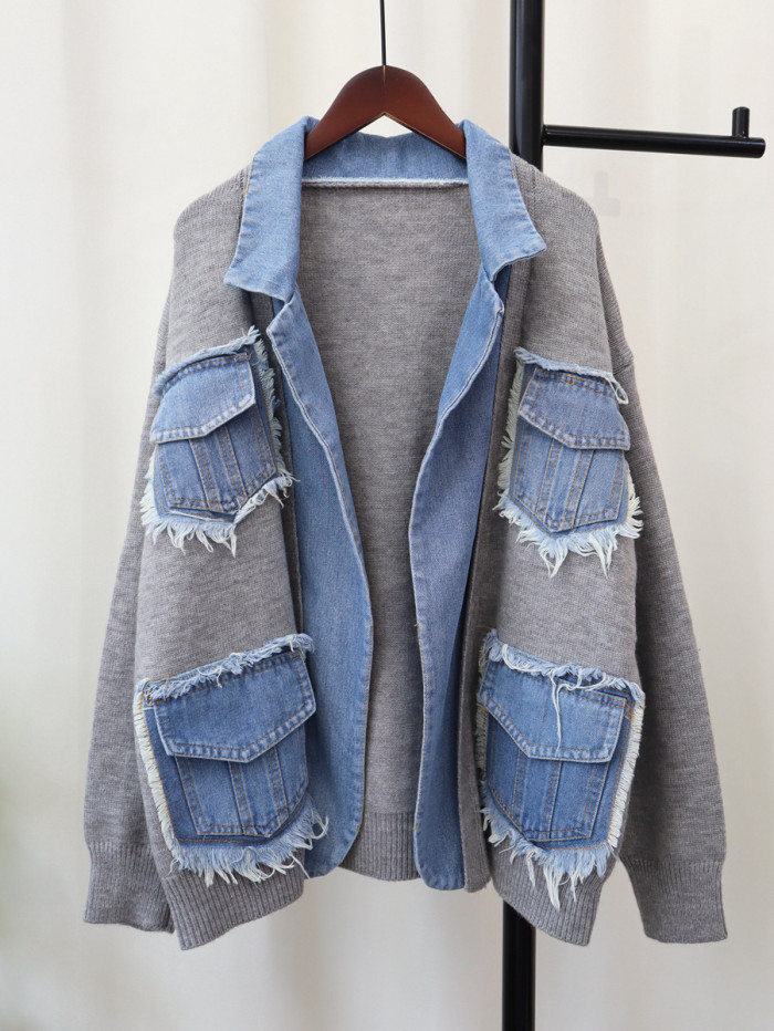 Niche Design Denim Jackets Women Lapel Spliced Knitted Open Stitch Full Sleeve Outwear New DLZ2901