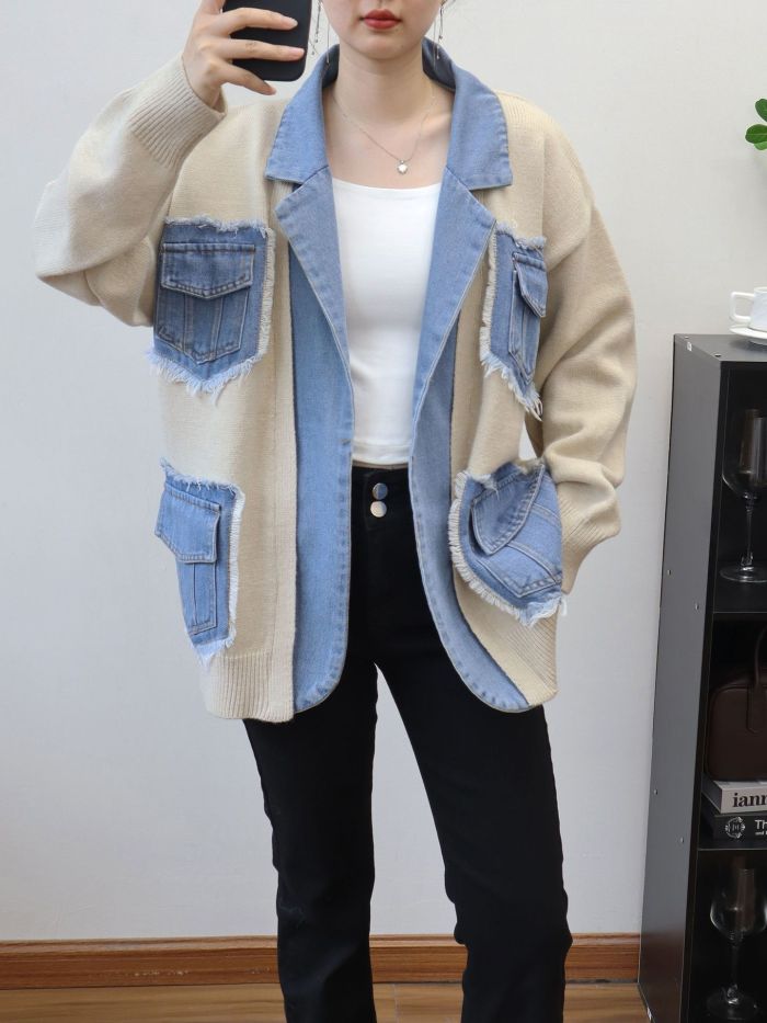Niche Design Denim Jackets Women Lapel Spliced Knitted Open Stitch Full Sleeve Outwear New DLZ2901