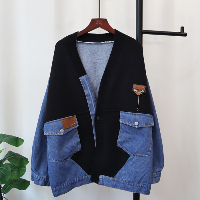 Denim Stitching Knitted Cardigan Fall/Winter Oversize Loose Casual Fashion V-Neck Pocket Design Street Retro Sweater Coat Women DLZ07290